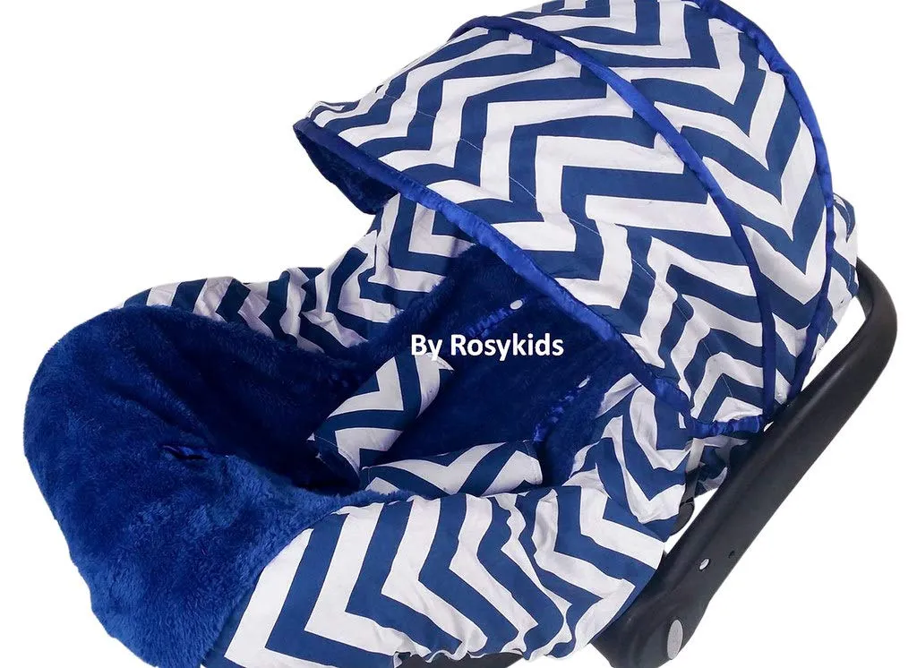 Rosy Kids Infant Carseat Canopy Cover 3pc Whole Caboodle, Baby Car Seat Cover Outdoor Kit, Cotton Chevron Print, Navy Blue