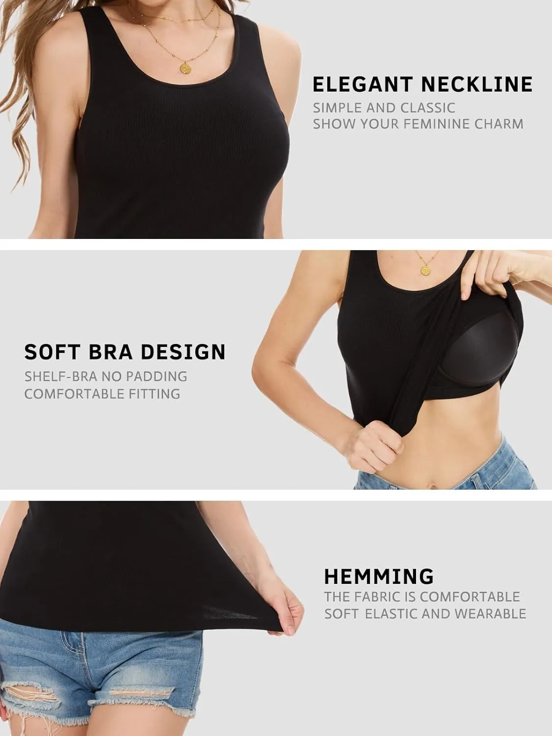 Rosyline Tank Tops for Women with Built in Bra Sleeveless Ribbed Shirts Scoop Neck Slim Fitted Top