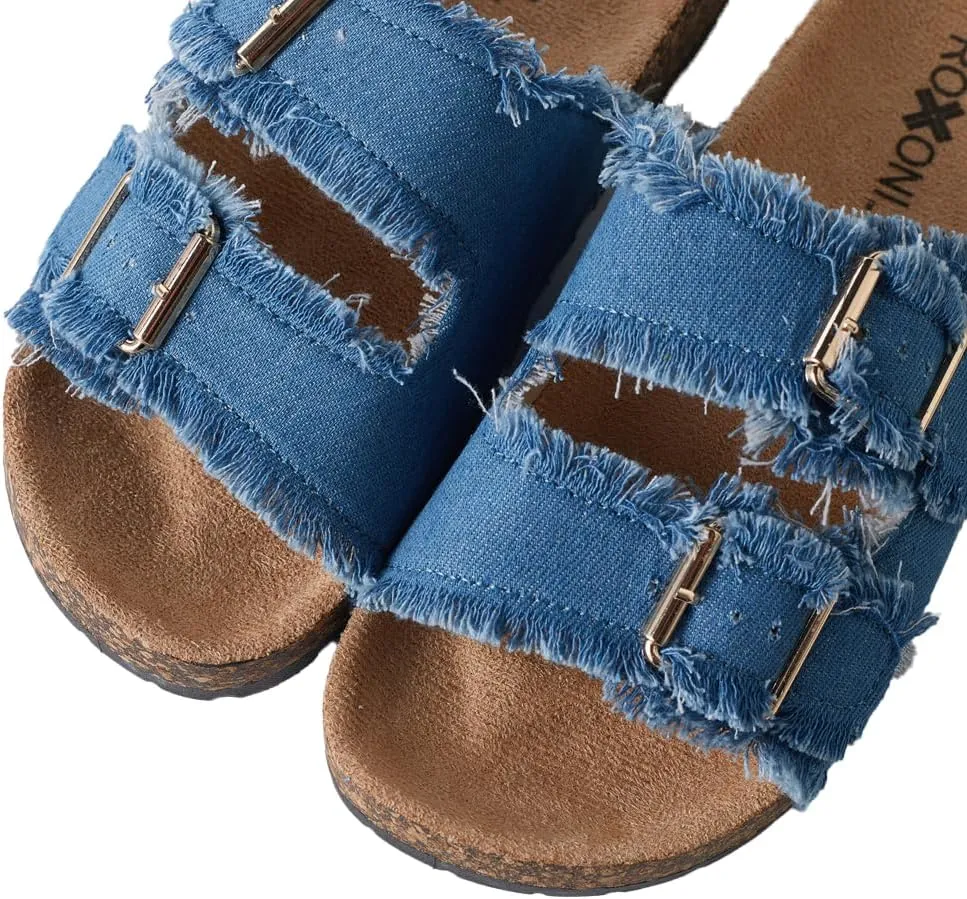 Roxoni Women's Comfort Flat Sandals Double Buckle Adjustable Straps Flat Slides Footbed Suede