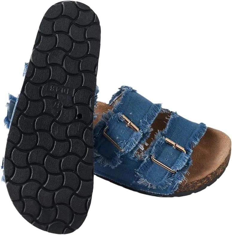 Roxoni Women's Comfort Flat Sandals Double Buckle Adjustable Straps Flat Slides Footbed Suede