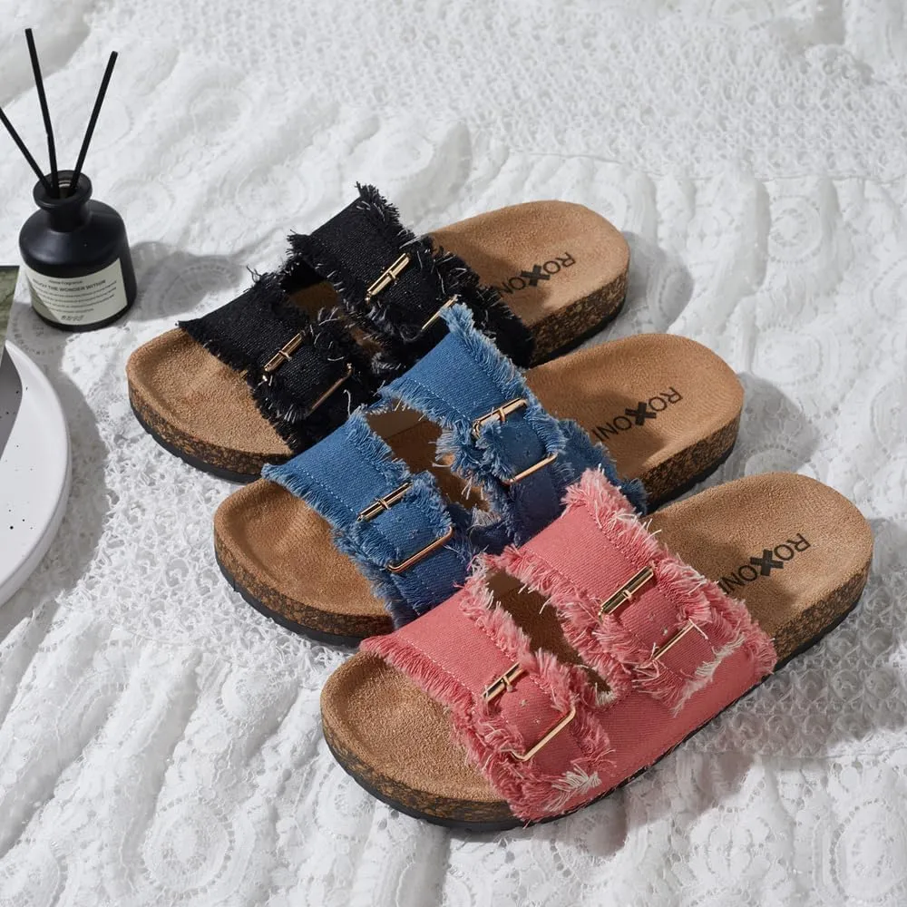 Roxoni Women's Comfort Flat Sandals Double Buckle Adjustable Straps Flat Slides Footbed Suede