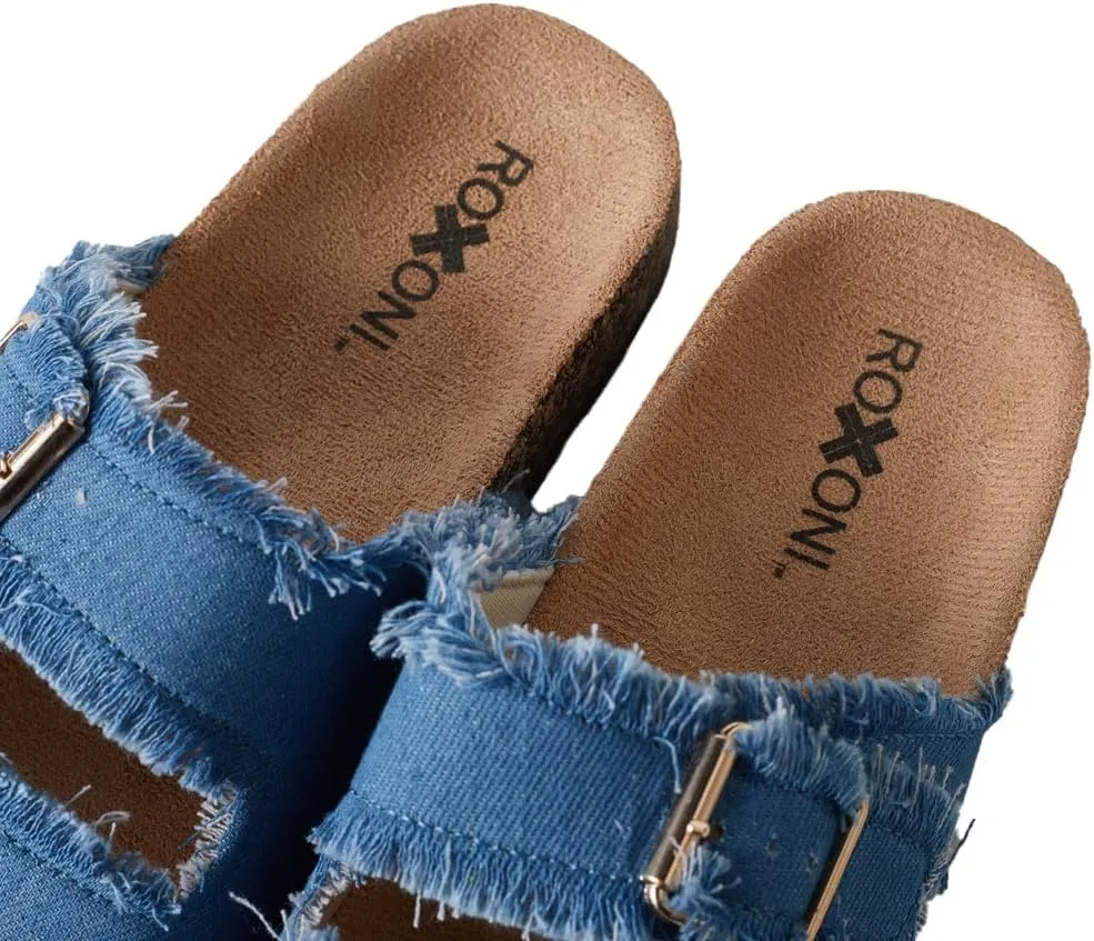 Roxoni Women's Comfort Flat Sandals Double Buckle Adjustable Straps Flat Slides Footbed Suede