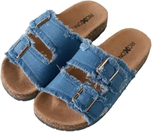 Roxoni Women's Comfort Flat Sandals Double Buckle Adjustable Straps Flat Slides Footbed Suede