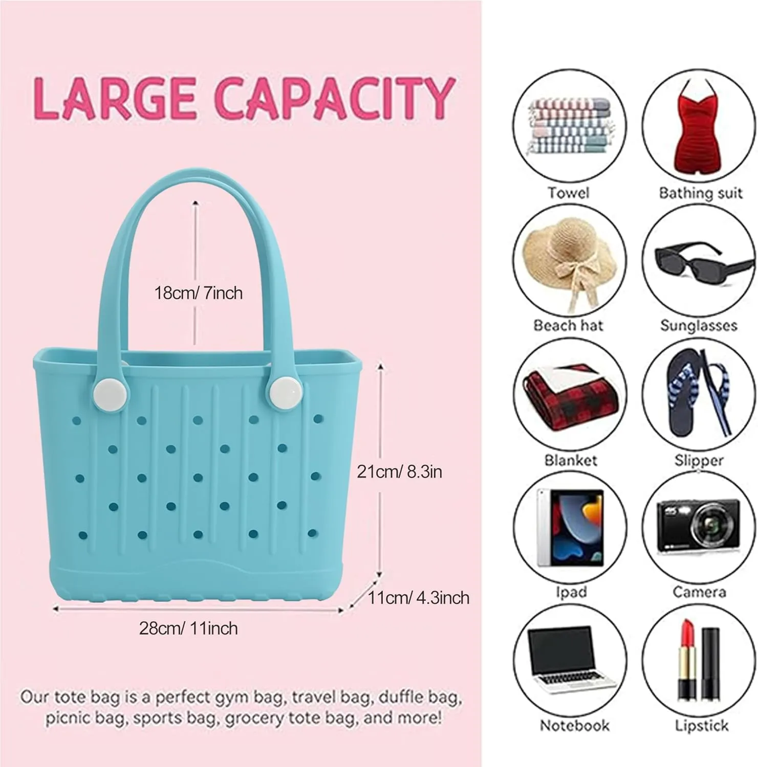 Rubber Tote Bag Small Beach Bag Waterproof Travel Bags Washable Tote Portable Open Handbag for Sports Beach Boat Outdoor
