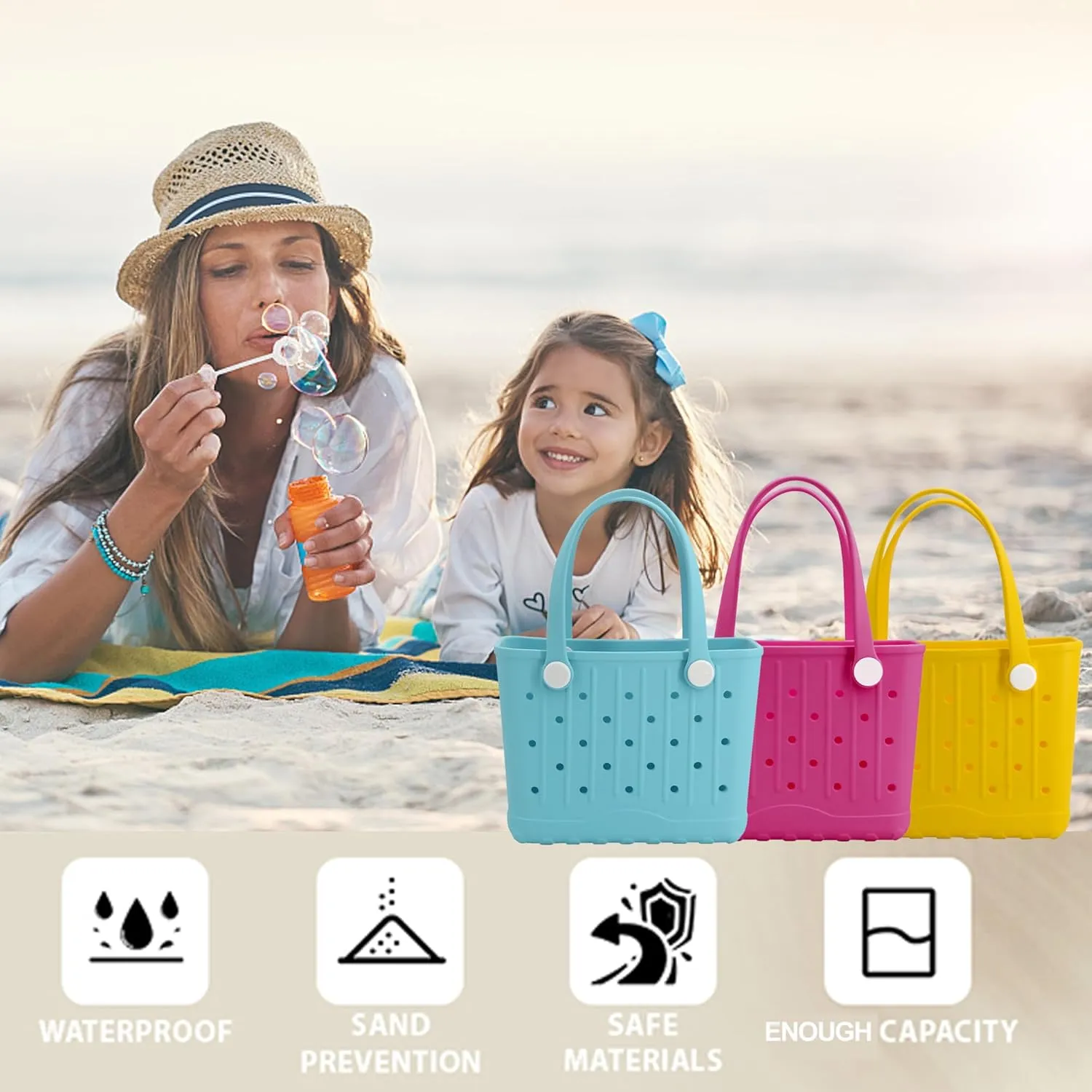 Rubber Tote Bag Small Beach Bag Waterproof Travel Bags Washable Tote Portable Open Handbag for Sports Beach Boat Outdoor