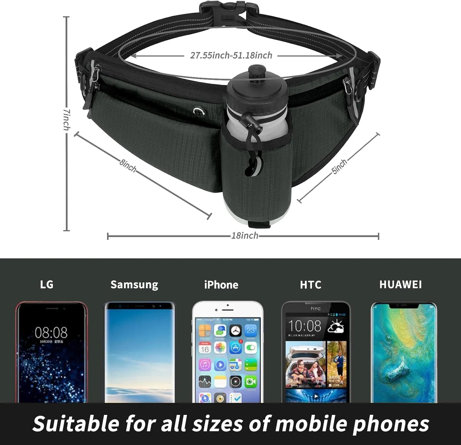 Running Waist Pack,Adjustable Hydration Running Belt Bag with Foldable Water Bottle Holder(Bottles NOT Included),Water Resistant Pouch Pack,for Marathon,Jogging, Cycling,Biking,Hiking (grey)