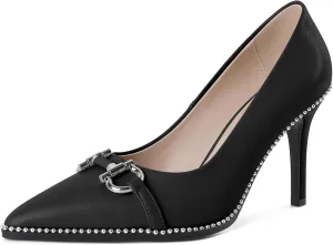 SAMMITOP Women Beaded Pumps Closed Pointed Toe High Heel Buckle Bow Slip On Stilettos 3.5 Inch Sexy Heeled Dress Shoes