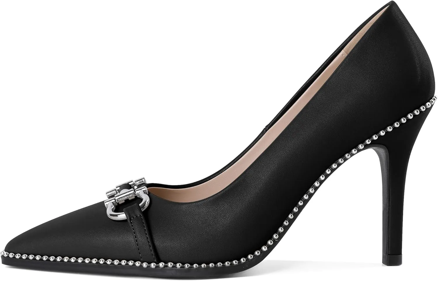 SAMMITOP Women Beaded Pumps Closed Pointed Toe High Heel Buckle Bow Slip On Stilettos 3.5 Inch Sexy Heeled Dress Shoes