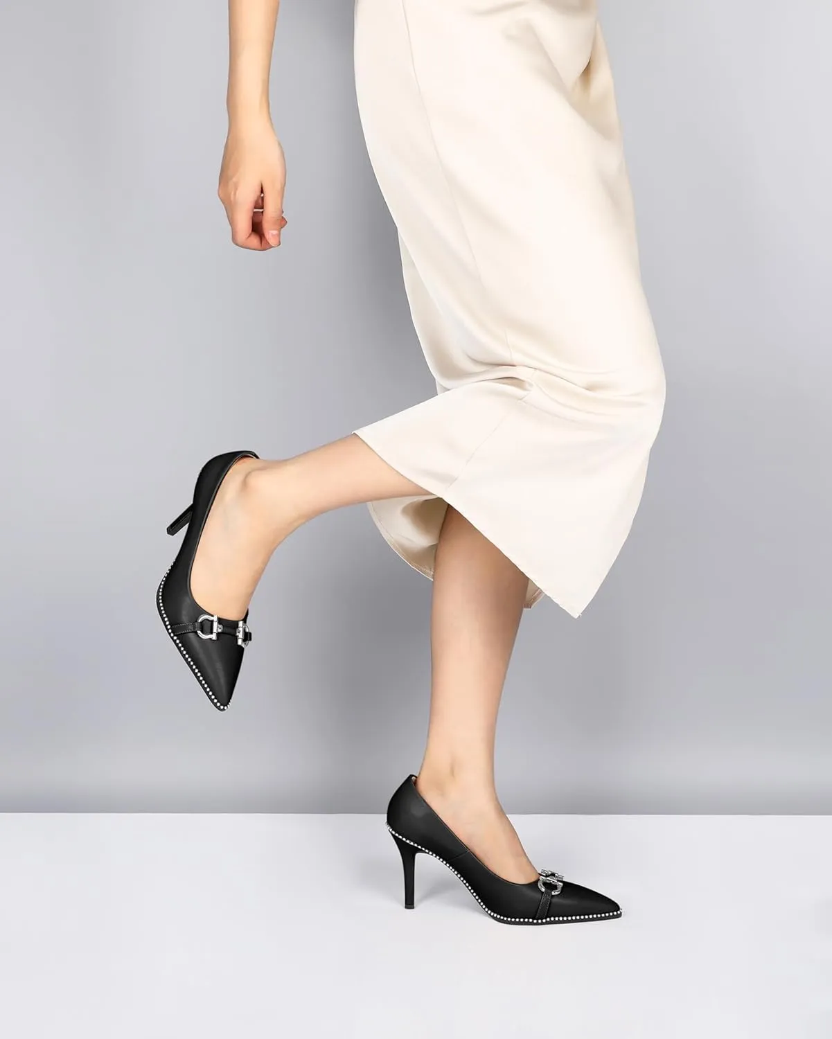 SAMMITOP Women Beaded Pumps Closed Pointed Toe High Heel Buckle Bow Slip On Stilettos 3.5 Inch Sexy Heeled Dress Shoes