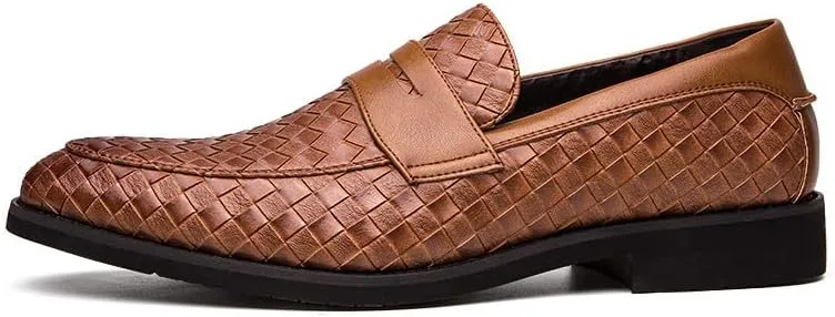 Santimon Men's Slip On Loafers, Comfort Breathable Woven Leather, Classic Penny Slot, Formal Casual Shoes