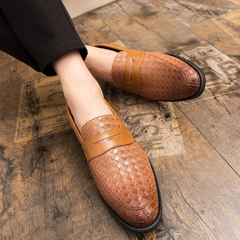 Santimon Men's Slip On Loafers, Comfort Breathable Woven Leather, Classic Penny Slot, Formal Casual Shoes