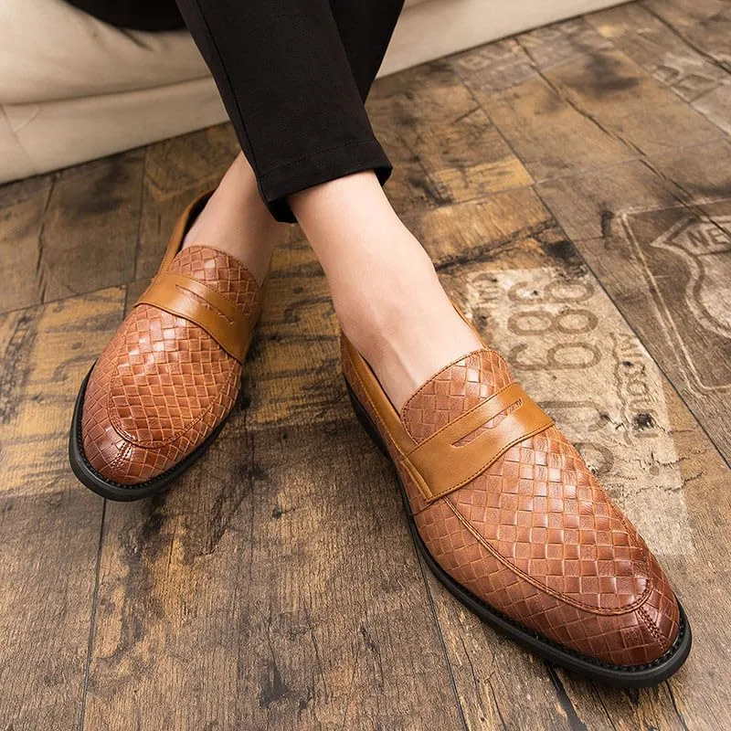 Santimon Men's Slip On Loafers, Comfort Breathable Woven Leather, Classic Penny Slot, Formal Casual Shoes