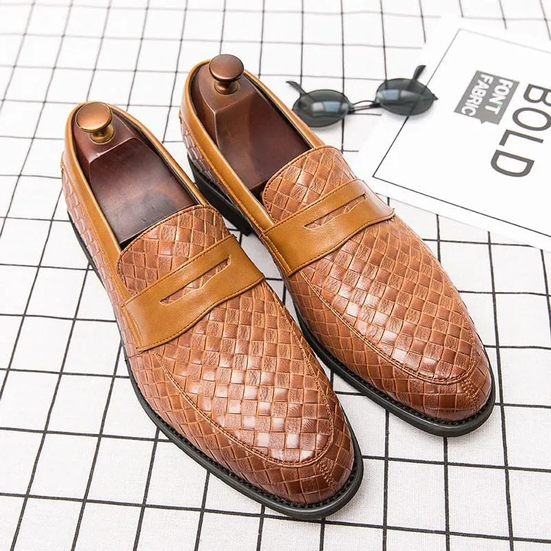 Santimon Men's Slip On Loafers, Comfort Breathable Woven Leather, Classic Penny Slot, Formal Casual Shoes