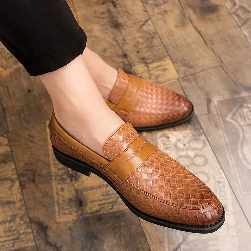 Santimon Men's Slip On Loafers, Comfort Breathable Woven Leather, Classic Penny Slot, Formal Casual Shoes