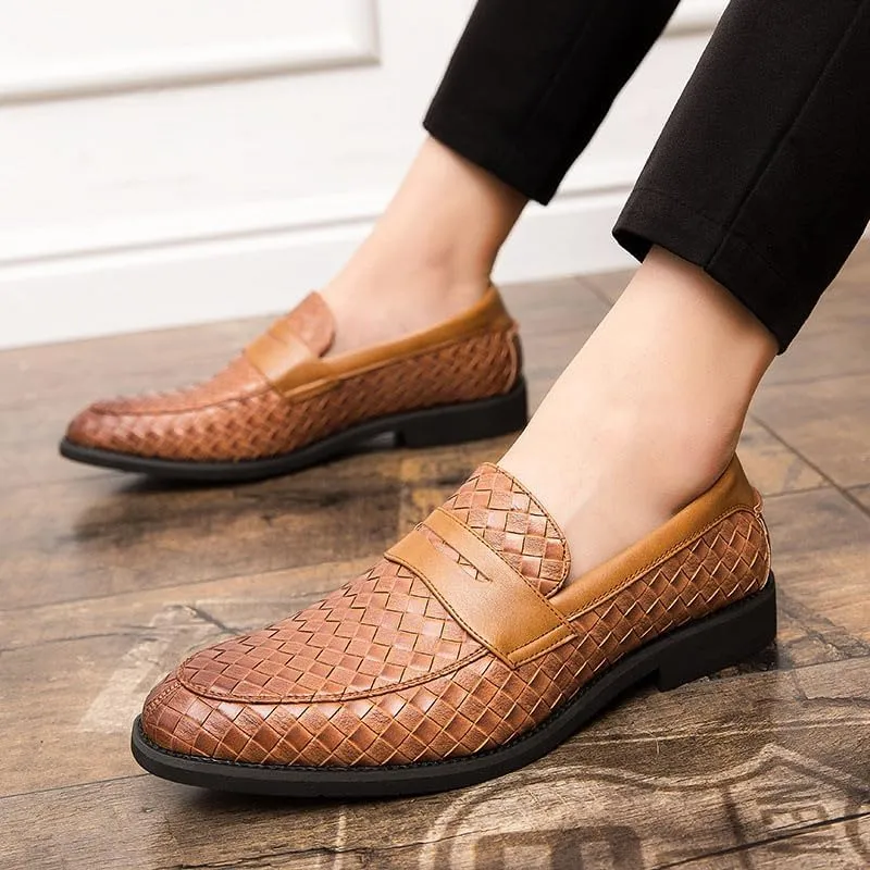 Santimon Men's Slip On Loafers, Comfort Breathable Woven Leather, Classic Penny Slot, Formal Casual Shoes