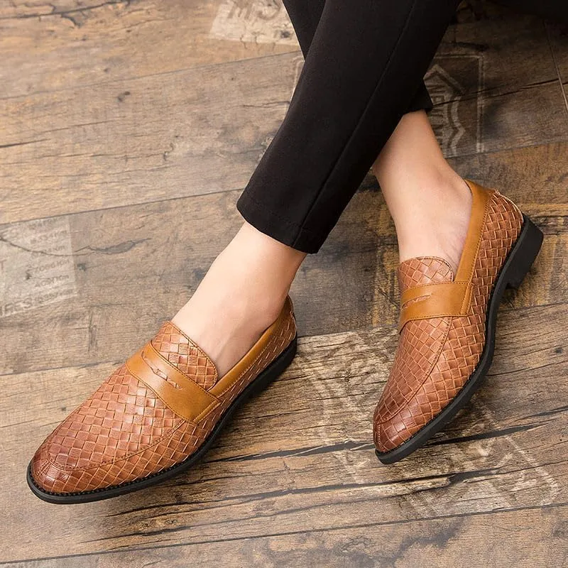 Santimon Men's Slip On Loafers, Comfort Breathable Woven Leather, Classic Penny Slot, Formal Casual Shoes