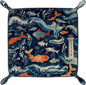 Sea Fish Print Microfiber Leather Dice Trays Folding for RPG DND Table Games, Leather Dice Holder Storage Box Portable Folding Rolling Dice Tray, 20.5x20.5cm