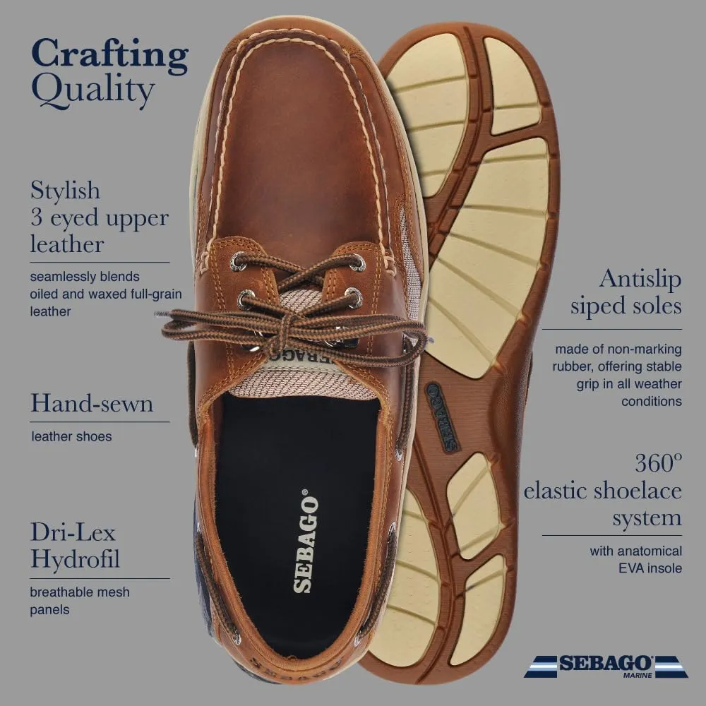 Sebago Clovehitch II FGL Waxed Boat Shoes - Leather Moccasins for Men with Breathable Mesh Panels, Anatomical EVA Midsoles, and Slip-Resistant Outsoles