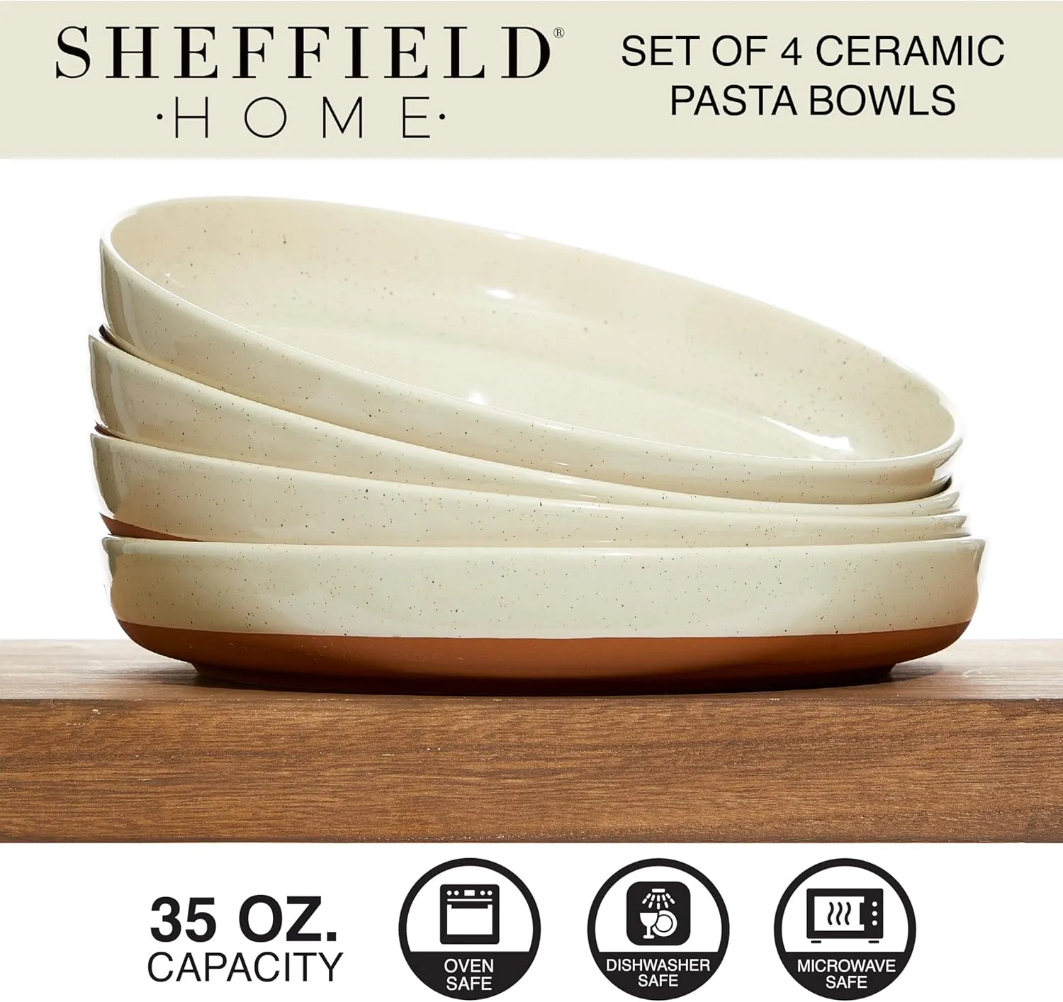 Sheffield Home Stoneware Flat Pasta Bowls, Set of 4 Stylish 35oz Bowls/Plates for Dinner, Salad, etc. Dishwasher, Microwave & Oven Safe. Durable for Everyday and Special Occasions - Earl Grey