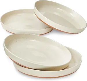 Sheffield Home Stoneware Flat Pasta Bowls, Set of 4 Stylish 35oz Bowls/Plates for Dinner, Salad, etc. Dishwasher, Microwave & Oven Safe. Durable for Everyday and Special Occasions - Earl Grey