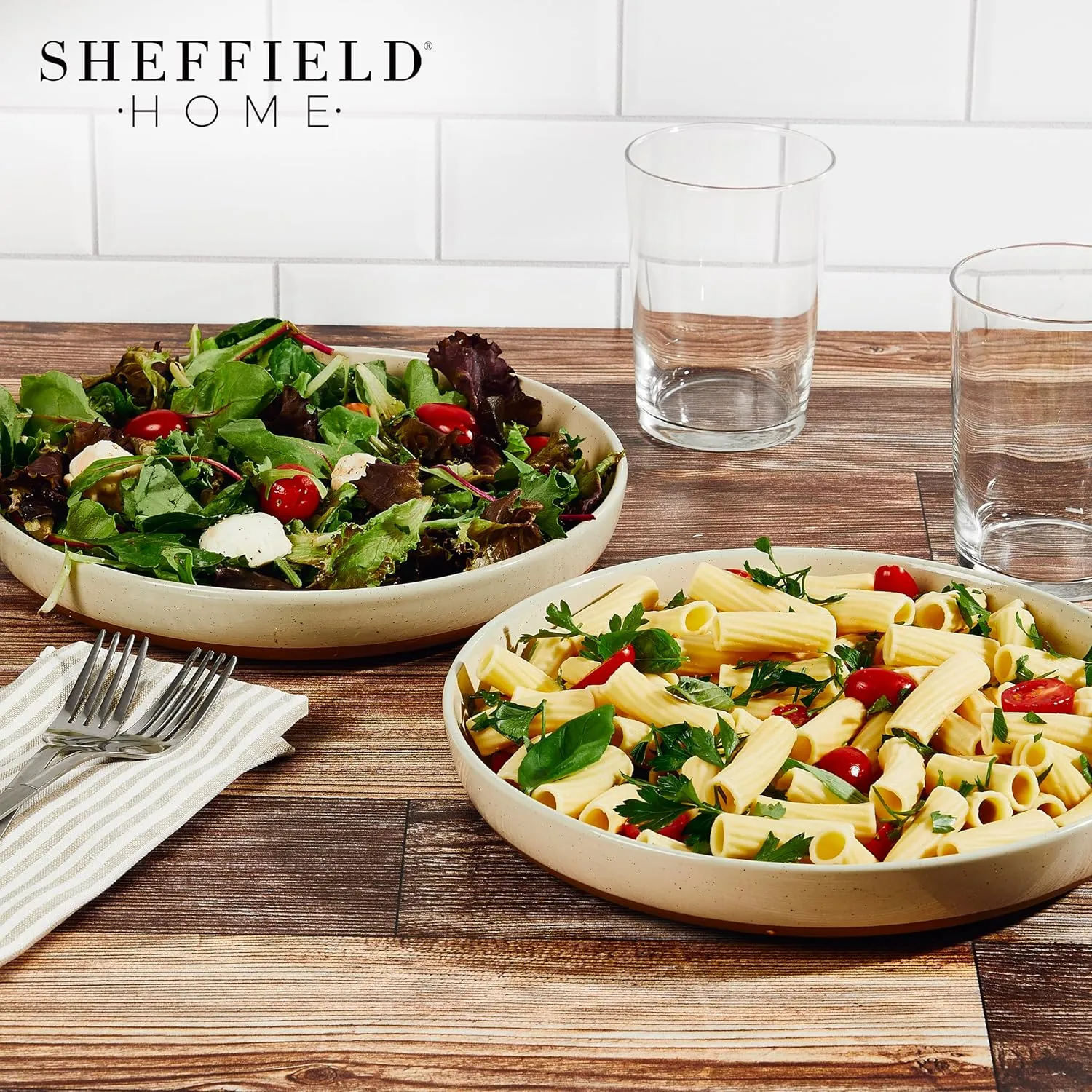 Sheffield Home Stoneware Flat Pasta Bowls, Set of 4 Stylish 35oz Bowls/Plates for Dinner, Salad, etc. Dishwasher, Microwave & Oven Safe. Durable for Everyday and Special Occasions - Earl Grey