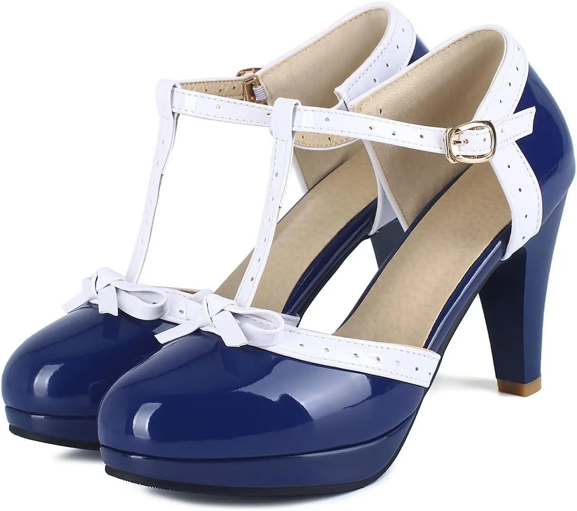 SHEMEE Women's Block High Heels T-Strap Mary Jane Pumps Chunky Platform Ankle Strap Round Toe Cute Bow Kawaii Cosplay Shoes