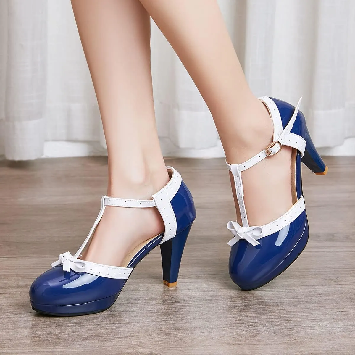 SHEMEE Women's Block High Heels T-Strap Mary Jane Pumps Chunky Platform Ankle Strap Round Toe Cute Bow Kawaii Cosplay Shoes