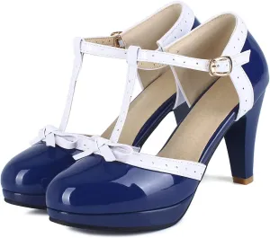 SHEMEE Women's Block High Heels T-Strap Mary Jane Pumps Chunky Platform Ankle Strap Round Toe Cute Bow Kawaii Cosplay Shoes
