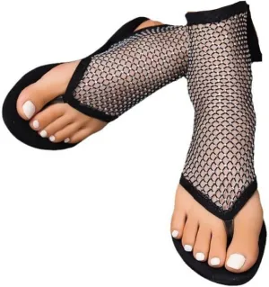 Shiny Rhinestone Mesh Flats, Bling Sandals for Women, Stretch Fishnet Stockings Hollow Short Bling Flat Shoes (Black,7.5-8)
