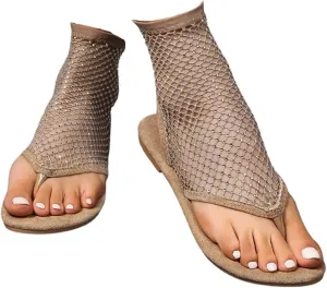 Shiny Rhinestone Mesh Flats, Bling Sandals for Women, Stretch Fishnet Stockings Hollow Short Bling Flat Shoes (Khaki,7.5-8)