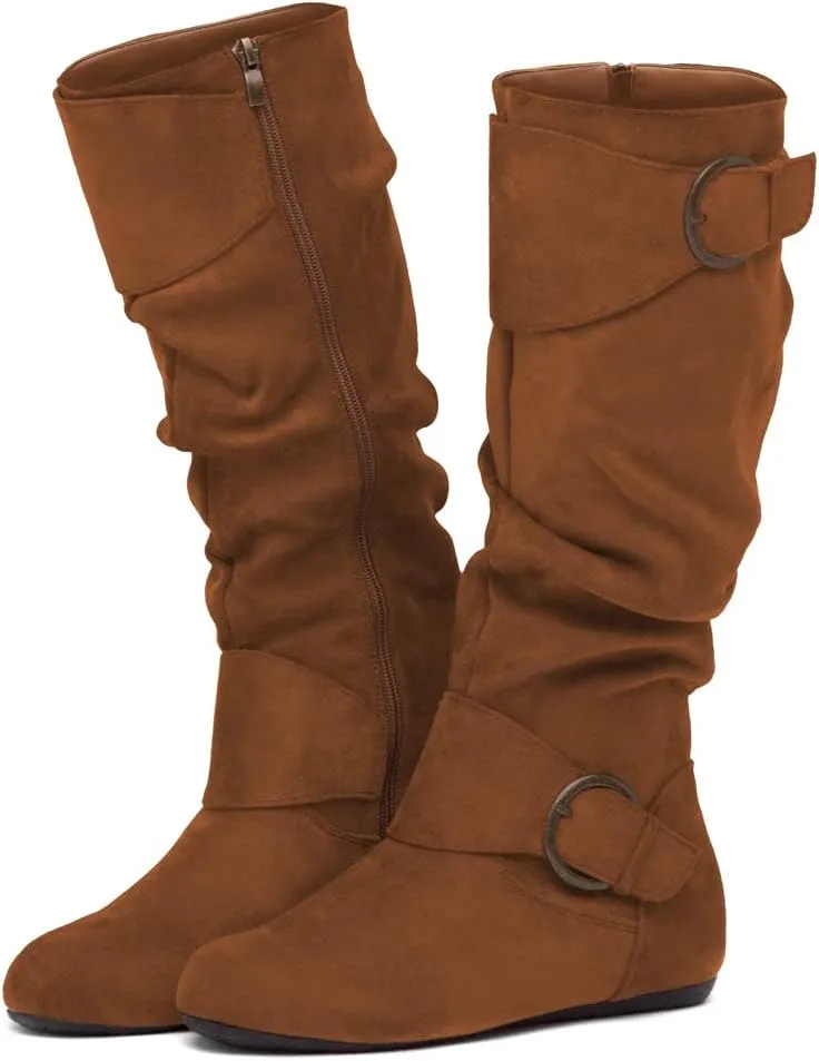 Shoe Land Bettyy Women's Knee High Boots Pull on Fall Weather Slouchy Flat Boots