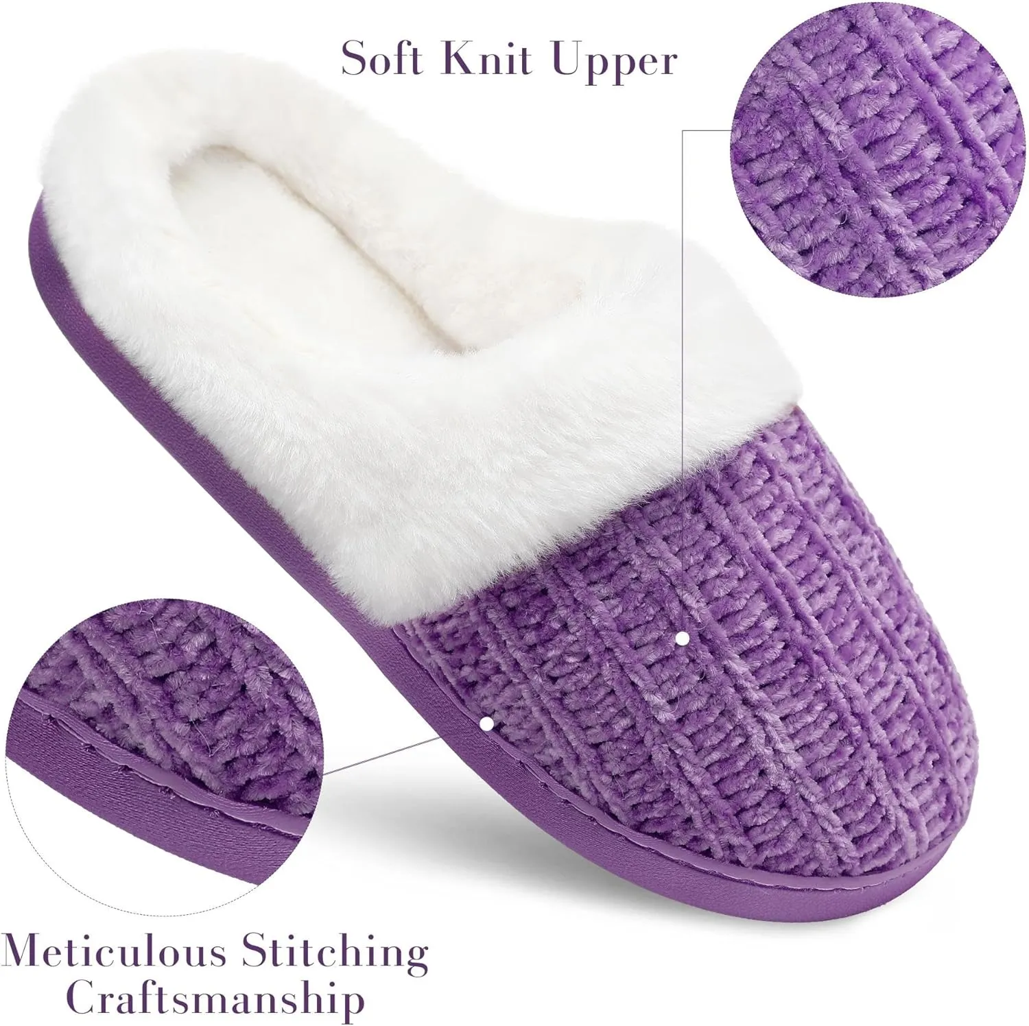 shoeslocker Womens Memory Foam Fuzzy Slippers Knitted House Slippers for Women Comfy Slip-On Warm House Shoes