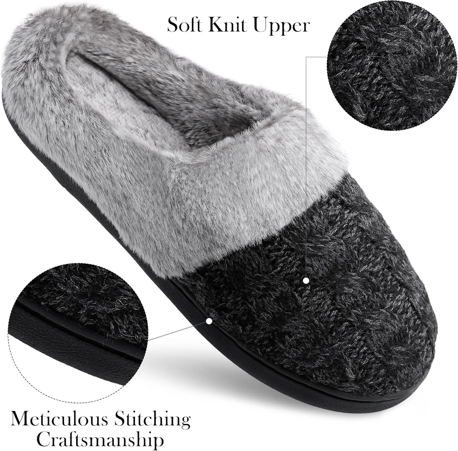 shoeslocker Womens Memory Foam Fuzzy Slippers Knitted House Slippers for Women Comfy Slip-On Warm House Shoes