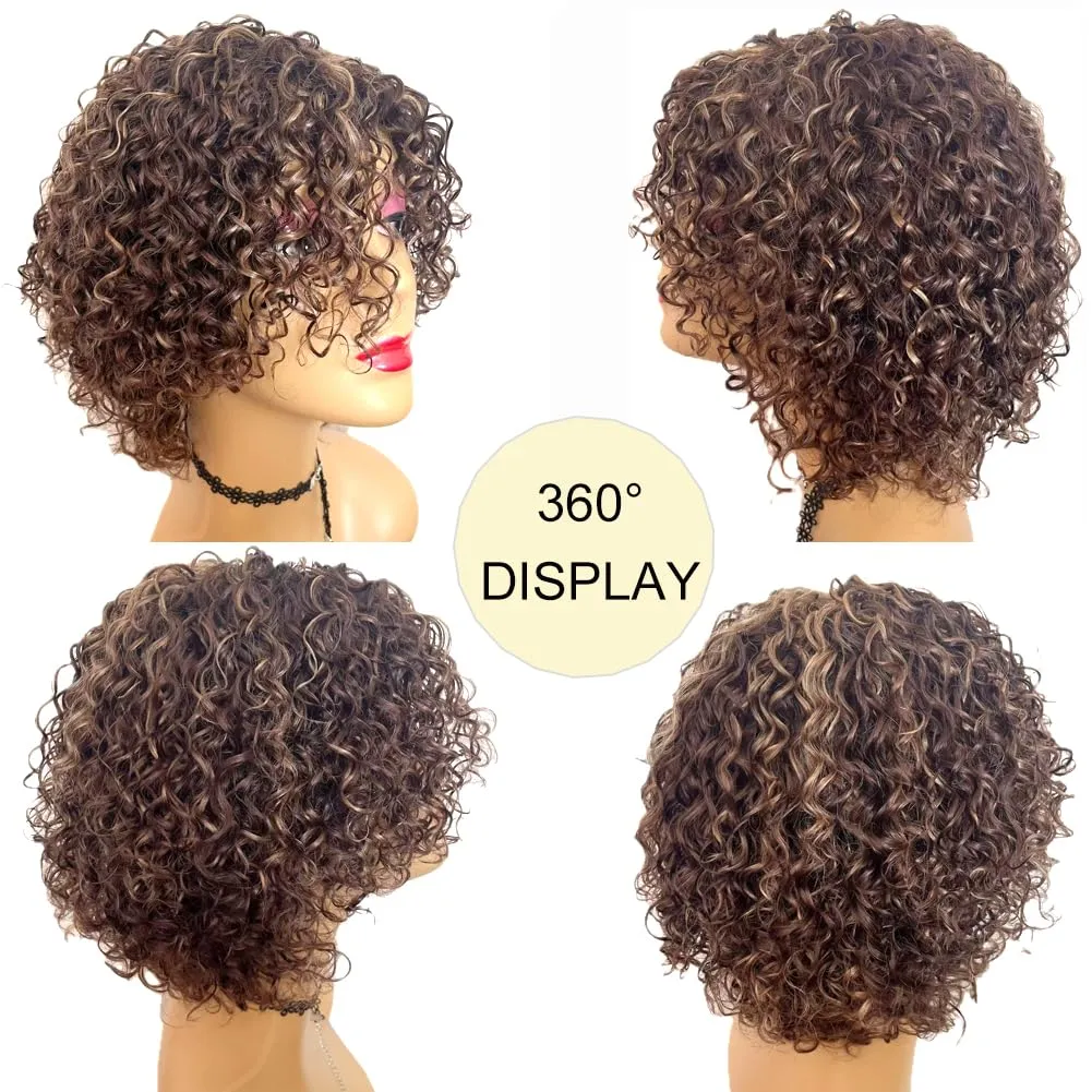 Short Curly Bob Hair Glueless Wigs, Pixie Cut Wigs for Black Women Human Hair,Breathable None Lace Front Machine Made Wigs Human Hair Highlight Brown Blobde Wig (WIG P4/27)