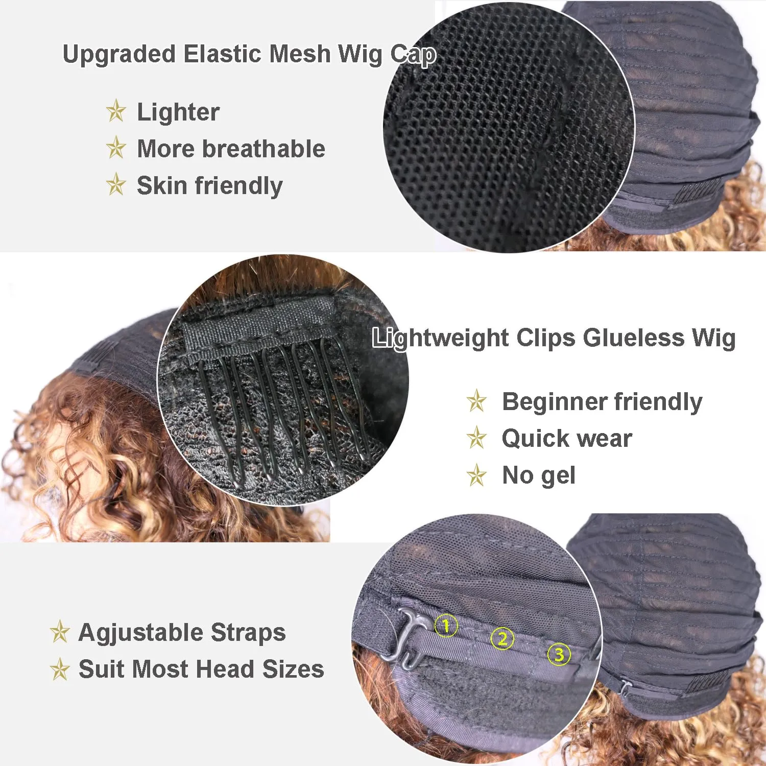Short Curly Bob Hair Glueless Wigs, Pixie Cut Wigs for Black Women Human Hair,Breathable None Lace Front Machine Made Wigs Human Hair Highlight Brown Blobde Wig (WIG P4/27)