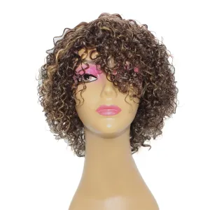 Short Curly Bob Hair Glueless Wigs, Pixie Cut Wigs for Black Women Human Hair,Breathable None Lace Front Machine Made Wigs Human Hair Highlight Brown Blobde Wig (WIG P4/27)