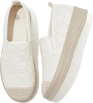Shupua Womens Slip on Shoes Stylish Lace Casual Loafers Lightweight Platform Sneakers Comfortable Spring Flat Shoes for Office, Work