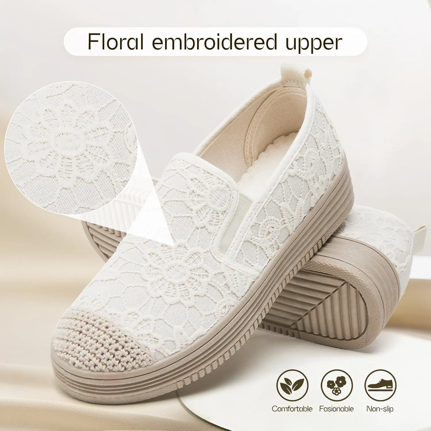 Shupua Womens Slip on Shoes Stylish Lace Casual Loafers Lightweight Platform Sneakers Comfortable Spring Flat Shoes for Office, Work