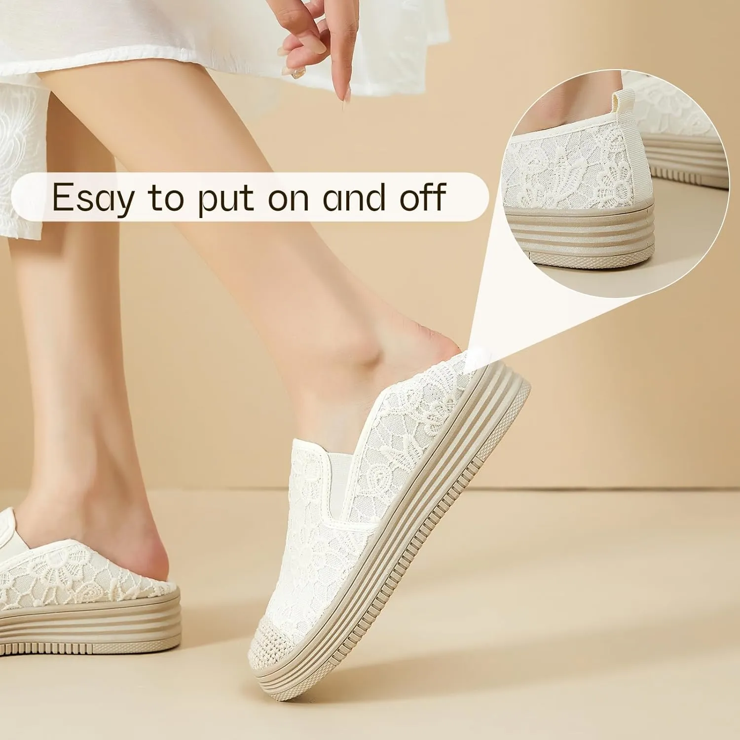 Shupua Womens Slip on Shoes Stylish Lace Casual Loafers Lightweight Platform Sneakers Comfortable Spring Flat Shoes for Office, Work