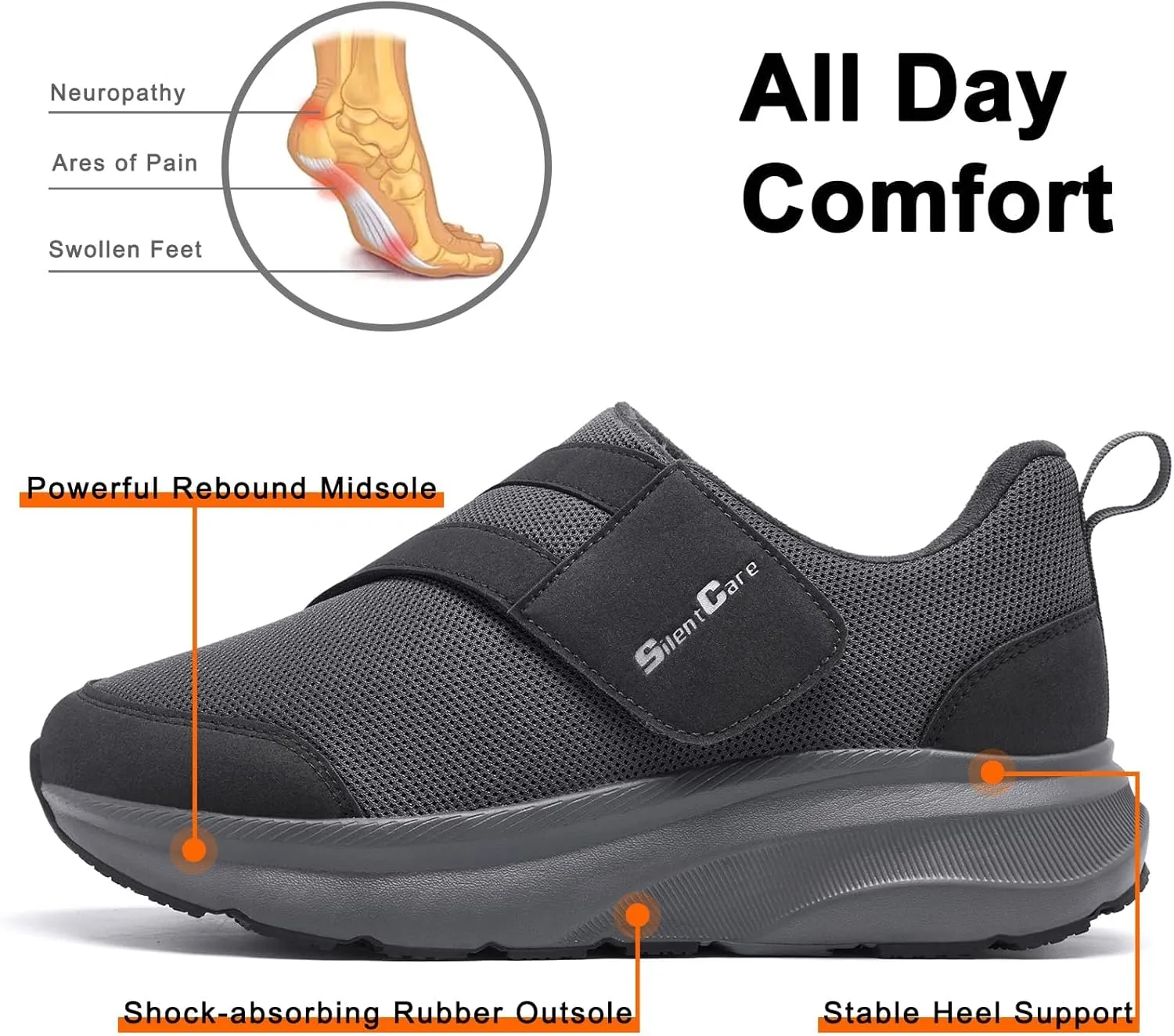 SILENTCARE Diabetic Shoes for Men Wide Toe Box Slip-on Shoes for Swollen Feet Adjustable Walking Shoes for Elderly Foot Pain Relief Neuropathy