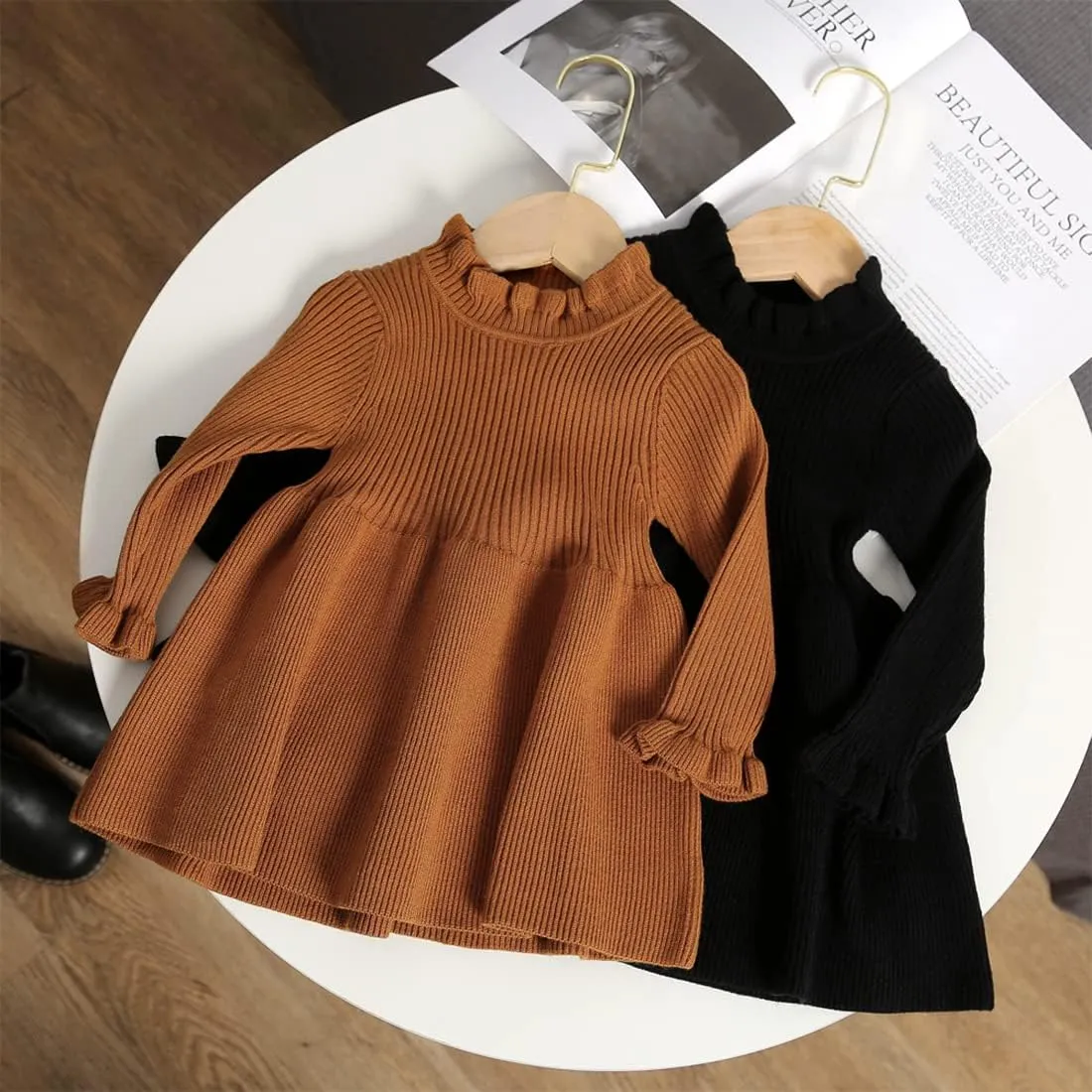 Simplee kids Little Girls' Long Sleeve Girl Dresses and Rompers Ribbed Knit Sweater Dress Black for 6M-5T