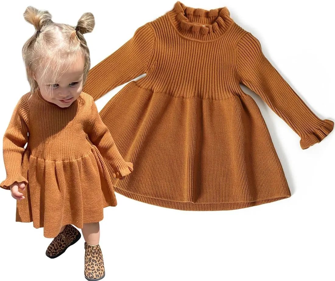 Simplee kids Little Girls' Long Sleeve Girl Dresses and Rompers Ribbed Knit Sweater Dress Black for 6M-5T