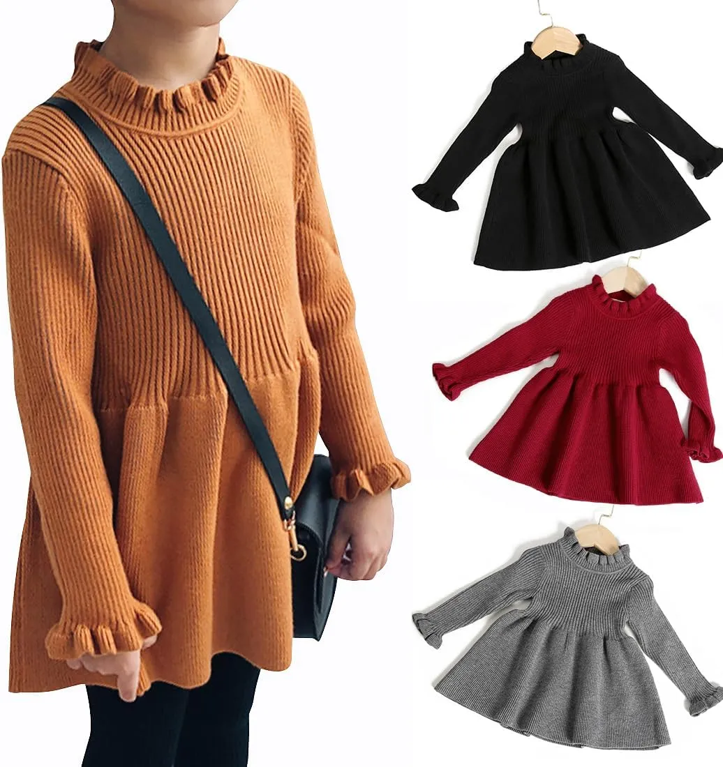 Simplee kids Little Girls' Long Sleeve Girl Dresses and Rompers Ribbed Knit Sweater Dress Black for 6M-5T
