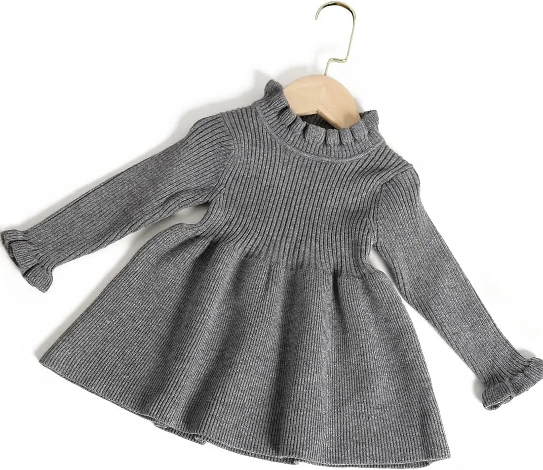 Simplee kids Little Girls' Long Sleeve Girl Dresses and Rompers Ribbed Knit Sweater Dress Black for 6M-5T