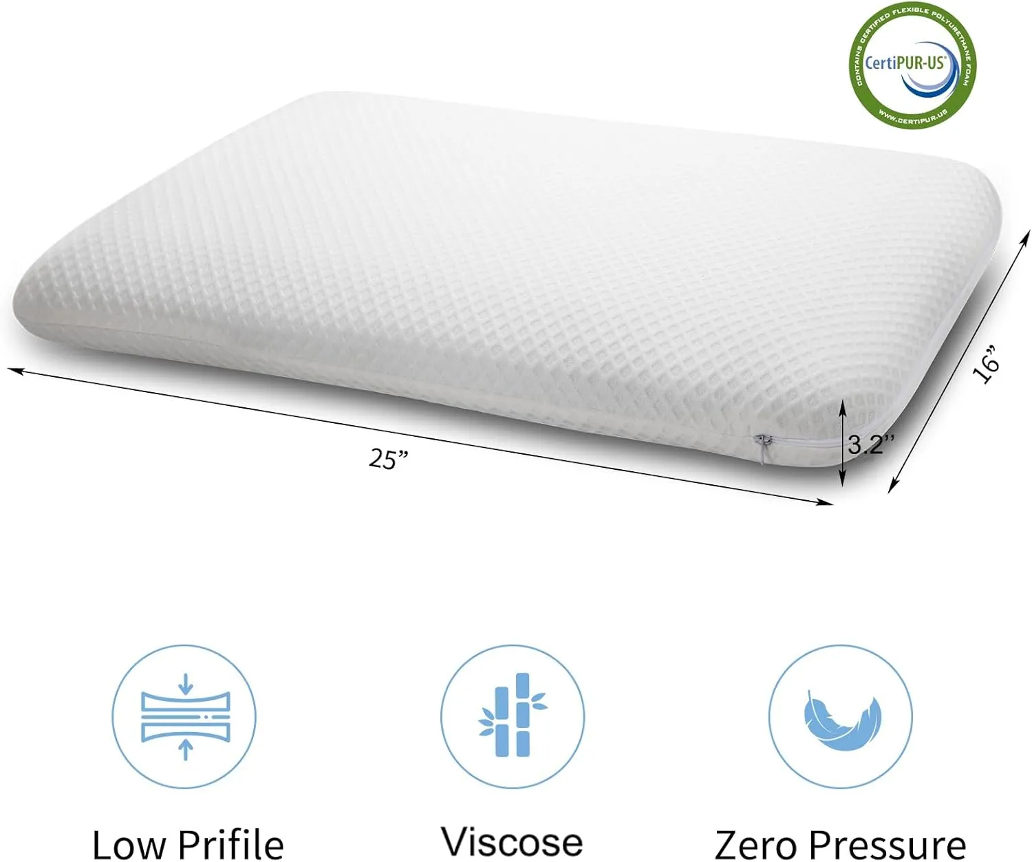 Slim 3.2" Stomach Sleeping Memory Foam Pillow-Thin, Flat, Soft Yet Supportative for Belly, Back& Stomach Sleepers