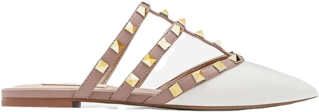 Slip-On Half Slippers for Women,Pointed-Toe,Glossy Patent Leather,Decorative Studs, Breathable Insole,Flat Chunky Heel