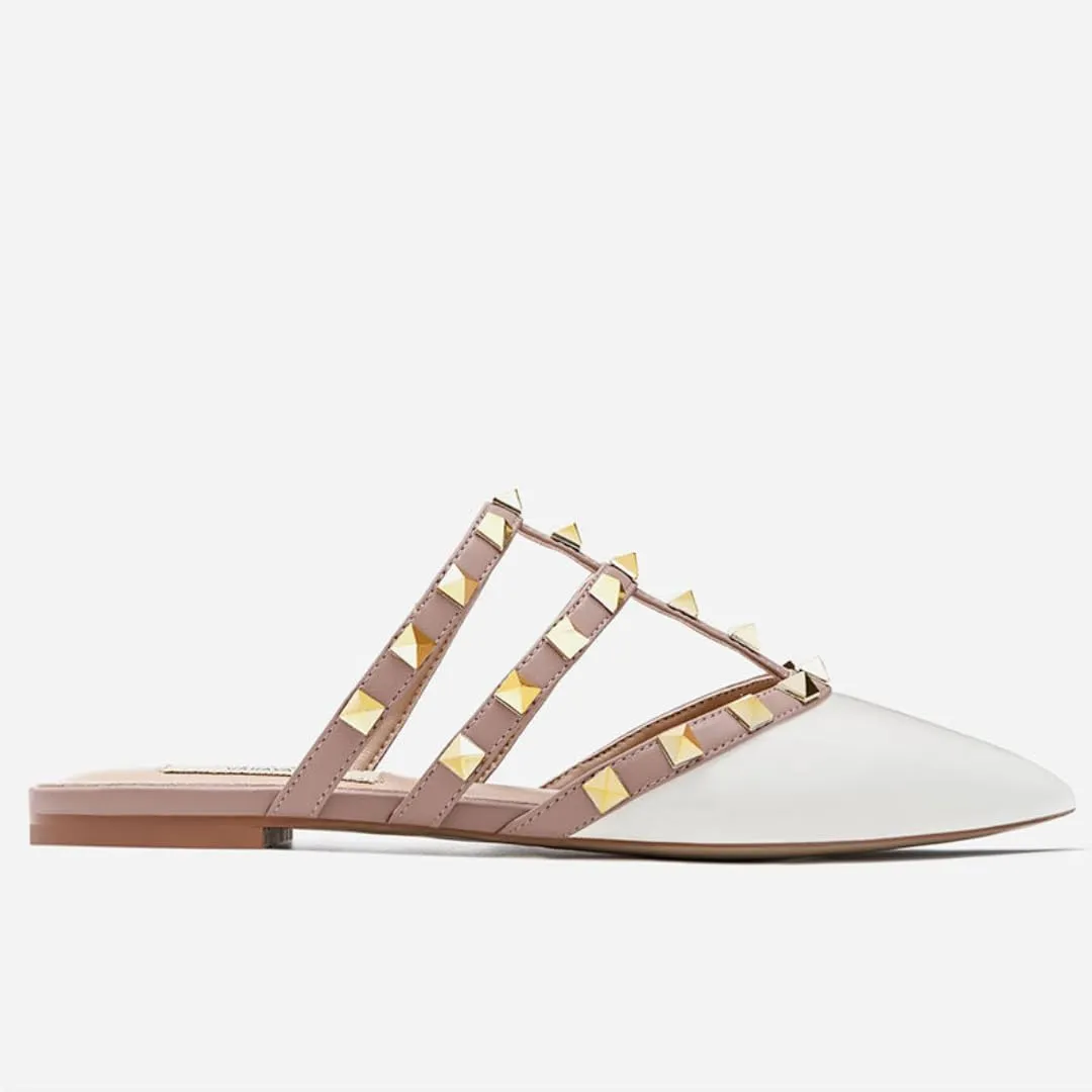 Slip-On Half Slippers for Women,Pointed-Toe,Glossy Patent Leather,Decorative Studs, Breathable Insole,Flat Chunky Heel