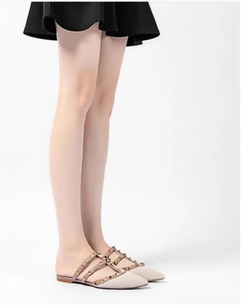 Slip-On Half Slippers for Women,Pointed-Toe,Glossy Patent Leather,Decorative Studs, Breathable Insole,Flat Chunky Heel