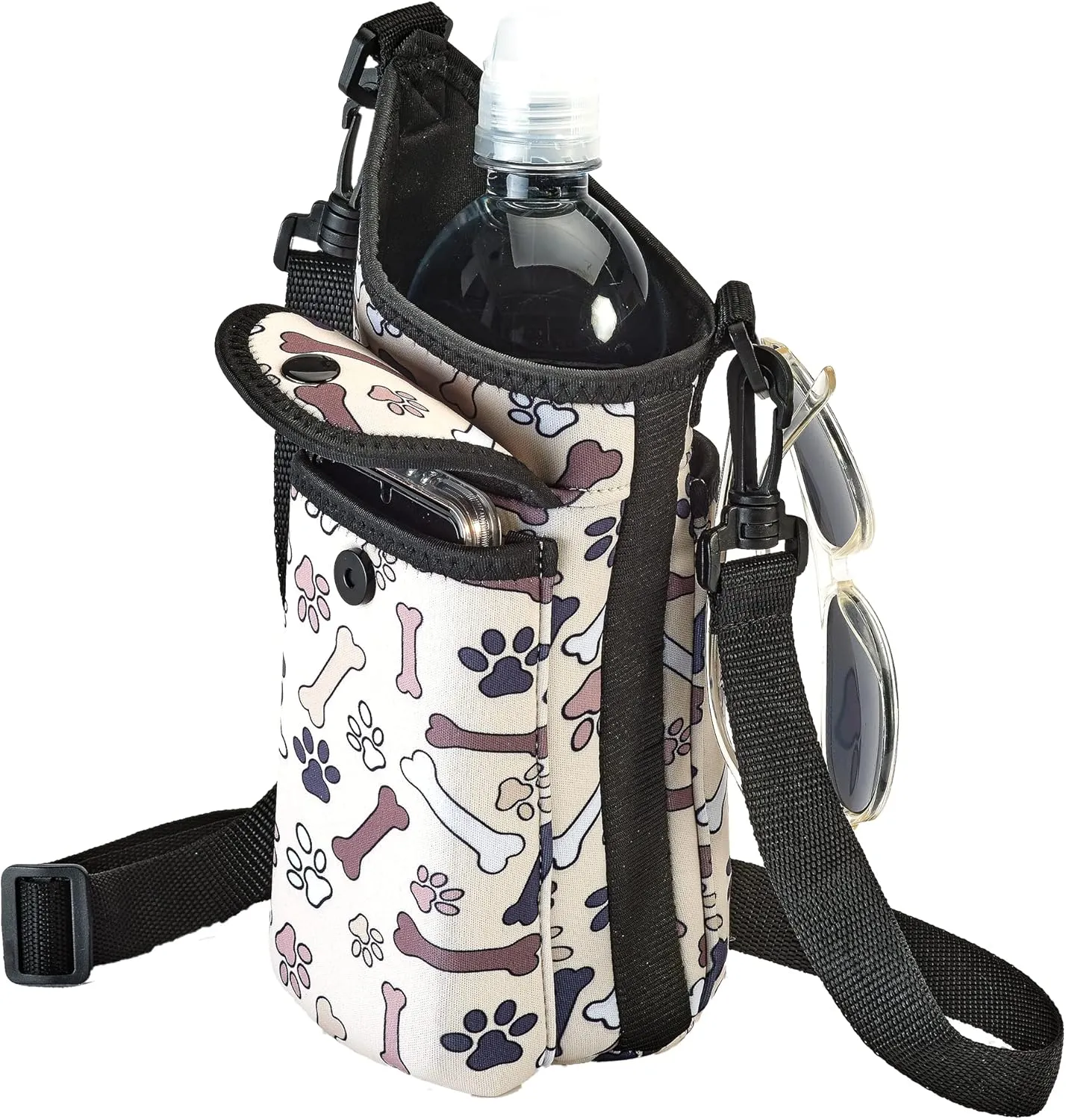 Smooth Trip AquaPockets Water Bottle Holder - Insulating Neoprene Sling Bag With Phone Pouch and Adjustable Strap for Walking and Hiking - Fits up to 32 oz. Bottles
