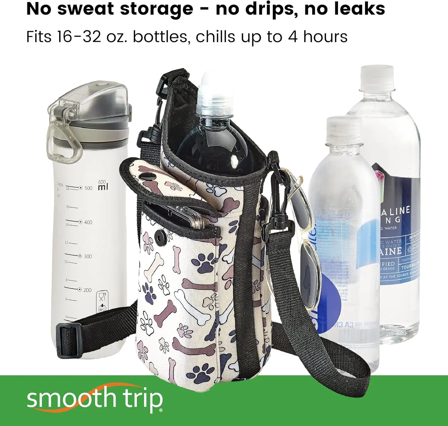 Smooth Trip AquaPockets Water Bottle Holder - Insulating Neoprene Sling Bag With Phone Pouch and Adjustable Strap for Walking and Hiking - Fits up to 32 oz. Bottles